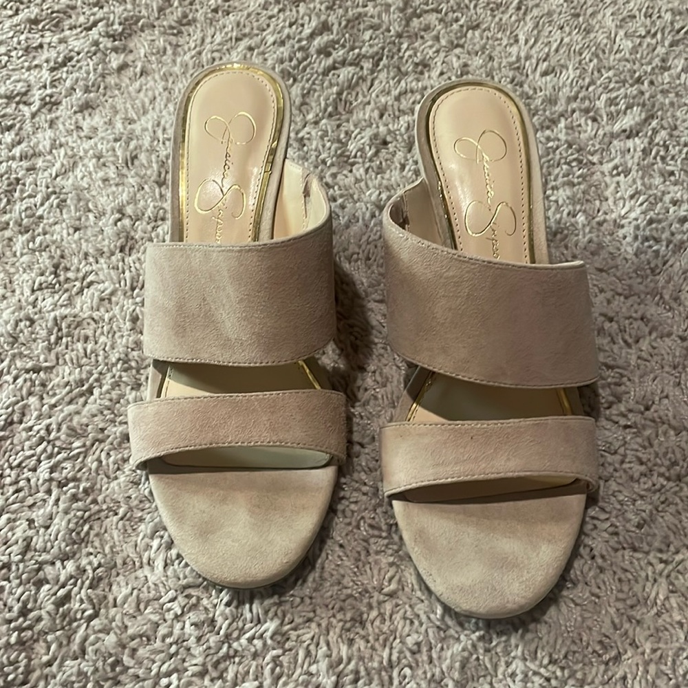 Jessica Simpson tan slides.  Great for wedding season